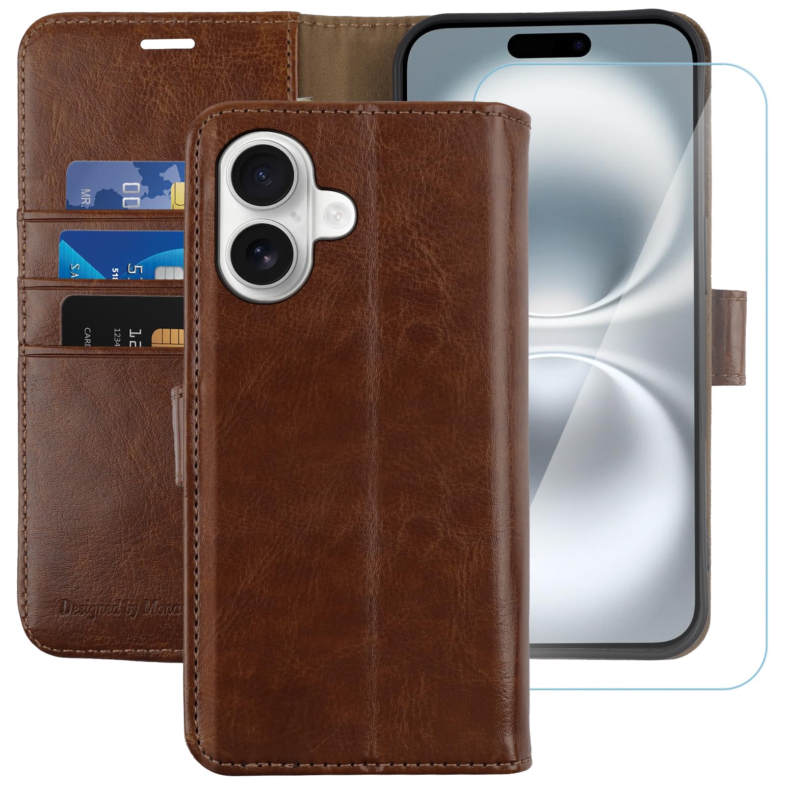MONASAY for iPhone 16 5G wallet case,[Glass Screen Protector Included] [RFID Blocking] Flip Folio Leather Cell Phone Cover with Credit Card Holder, 6.1-inch, Brown