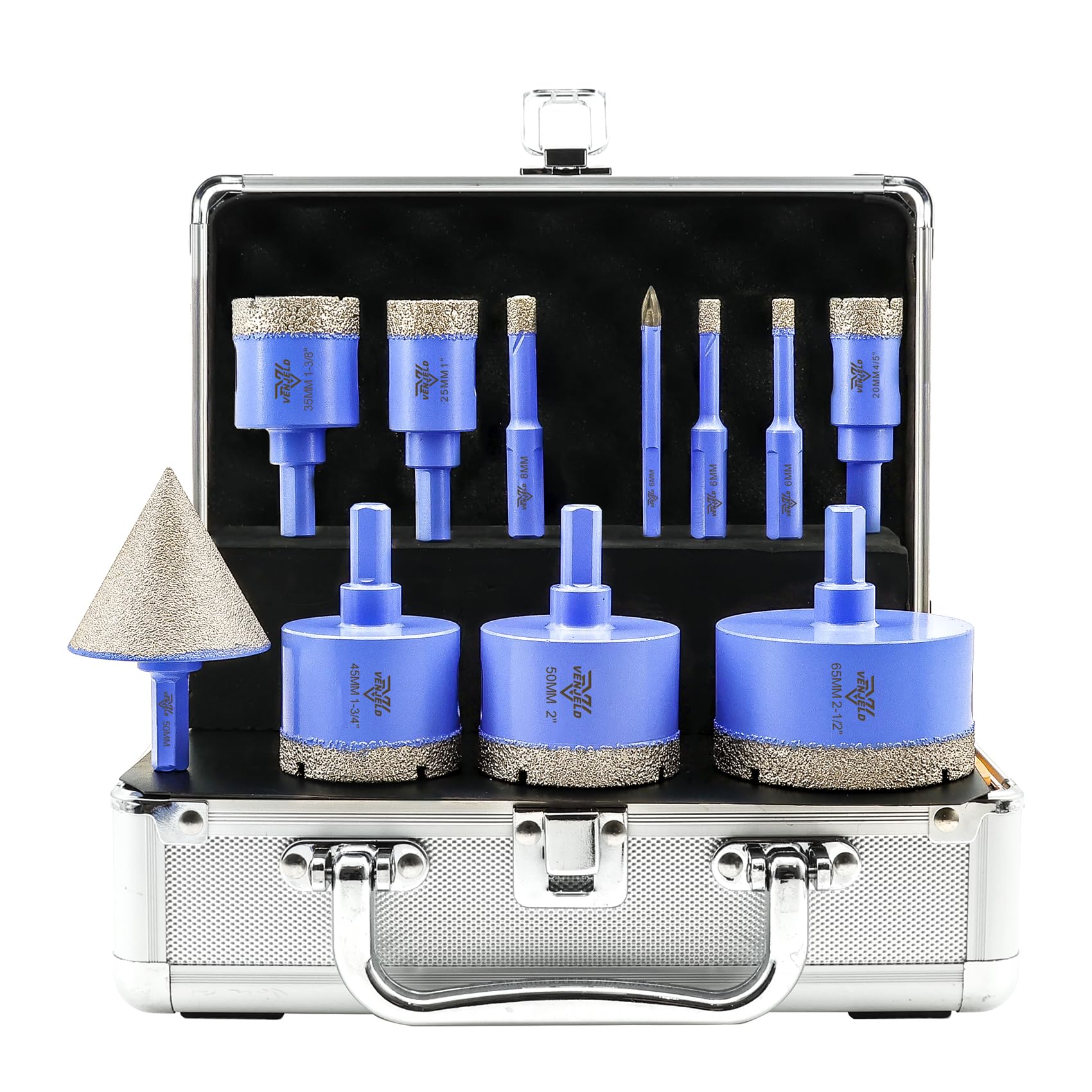 Diamond Drill Bits Set 11Pcs - 6/6/8/20/25/35/45/50/65mm Triangle Shank Tile Hole Saw Kit, 6mm Carbide Drill, 50mm Beveling Chamfer Bit for Porcelain Tile Ceramic Granite Marble Dekton
