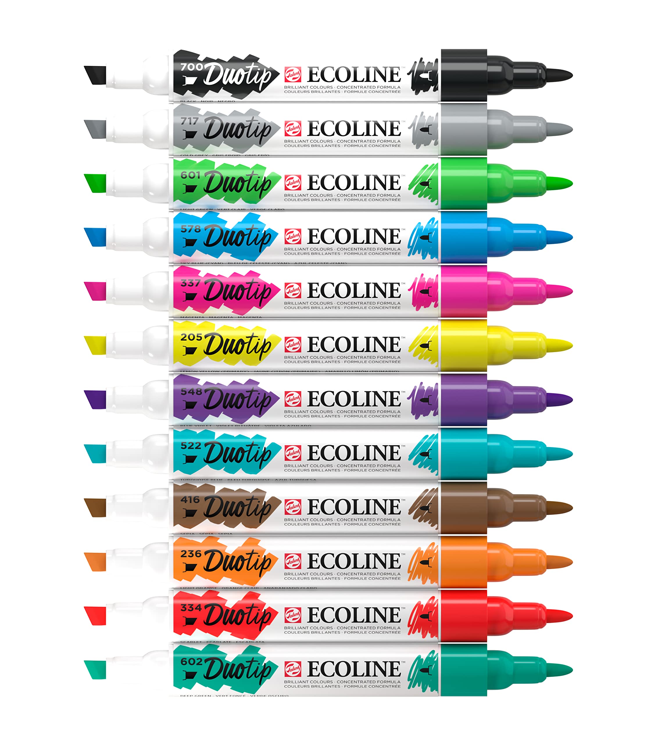 Ecoline Duotip Liquid Watercolor Markers Set of 12 – Basic Colors | Pens with Fine Bullet and Broad Chisel Nib