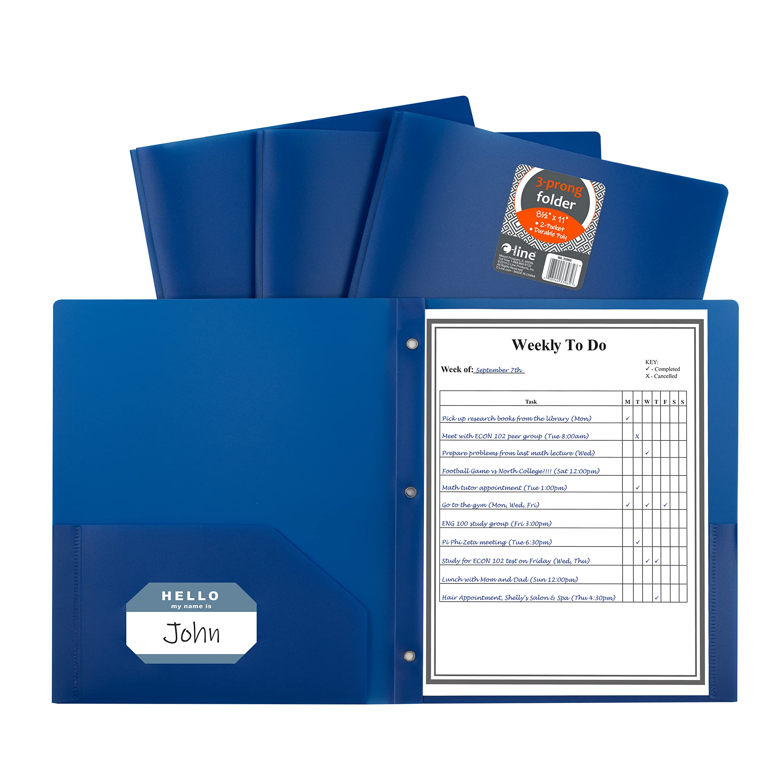 C-Line Two-Pocket Heavyweight Poly Portfolio with Prongs, for Letter Size Papers, Includes Business Card Slot, 1 Case of 25 Portfolios, Blue (33965-25)
