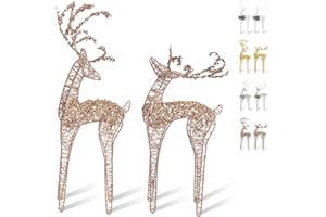 ZHANYIGY 2pc Set White Pearl Champagne Winding for Standing Reindeer Decorations Christmas Reindeer Figurine Table Desk Decorations Glittering Xmas Holiday Party Supply