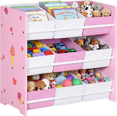 ZONEKIZ Kids Storage Unit Toy Box Organiser Bookshelf Pink Nine Baskets