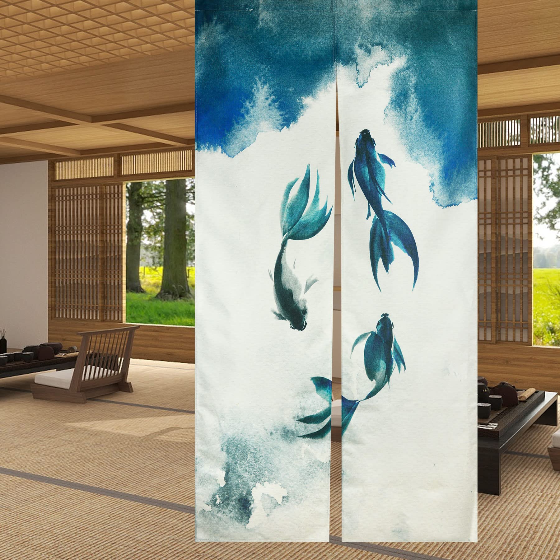 LIGICKY Chinese Ink Style Long Japanese Noren Doorway Curtain Linen Koi Fish Printed Asian Window Treatment Hanging Door Tapestry for Sushi Kitchen Home Decoration 85 x 180 cm
