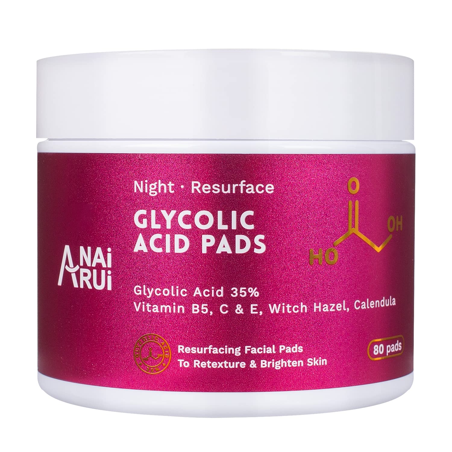 ANAiRUi Glycolic Acid Pads, Resurfacing AHA Facial Pads with Vitamins B5, C & E, Witch Hazel & Calendula, Exfoliating Face Pads for Dark Spots, Acne, 80 Pads