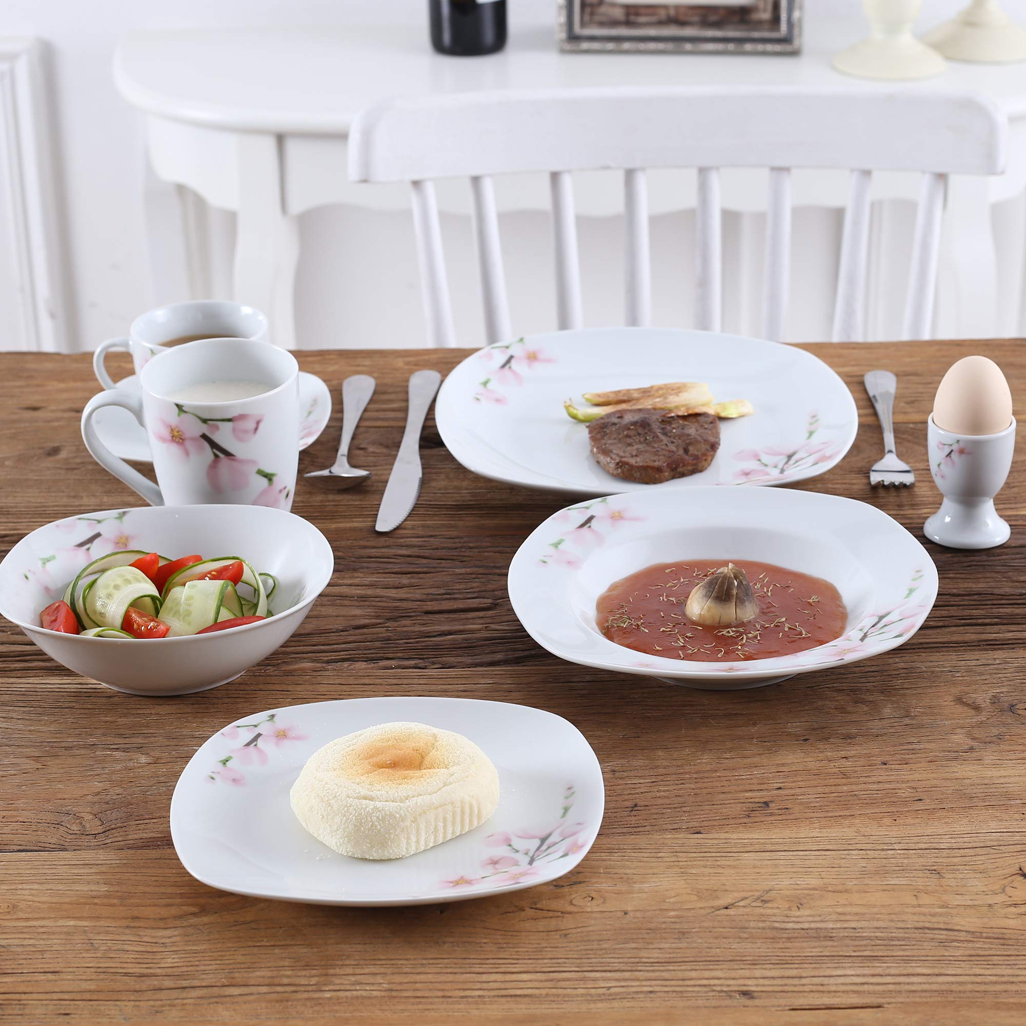 VEWEET 18-Piece Porcelain Stoneware Dinnerware Set Service for 6 Ivory White Floral Pattern Dinner Plate, Salad Dish Sets (ANNIE Series)