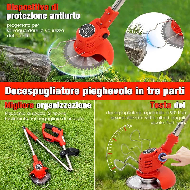 Decespugliatore a Batteria, Decespugliatore Elettrico a Batteria, dotato di 2 batterie e 4 lame, Tosaerba a batteria Tosaerba Pieghevole da 800W,adatto per tagliare l'erba di prati e cespugli
