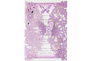 Hosmsua 50PCS Purple Butterfly Quinceanera Invitation Card Kit 5.1x7.3'' Laser Cut Flora Butterfly Invitation Pocket with Envelopes for Bridal Shower XV Anos Wedding Invitation (Purple Glitter)