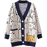 Wyeysyt Cat Sweater for Women Casual Button Down V Neck Cable Knit Cardigan Cute Kawaii Cartoon Cardigan Coat