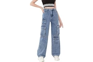 SweatyRocks Girl's Casual Elastic Waist Zip Up Denim Pants Straight Leg Cargo Jeans with Pocket