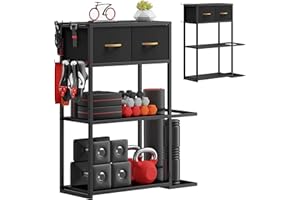 Crostice Home Gym Storage Shelf Stand Only, Adjustable Weight Rack for Dumbbells Plus Extra Upper Drawer, for Weight, Mat and Workout Equipment, Large Capacity Gym Organizer with 4-Tier, Easy-assembly