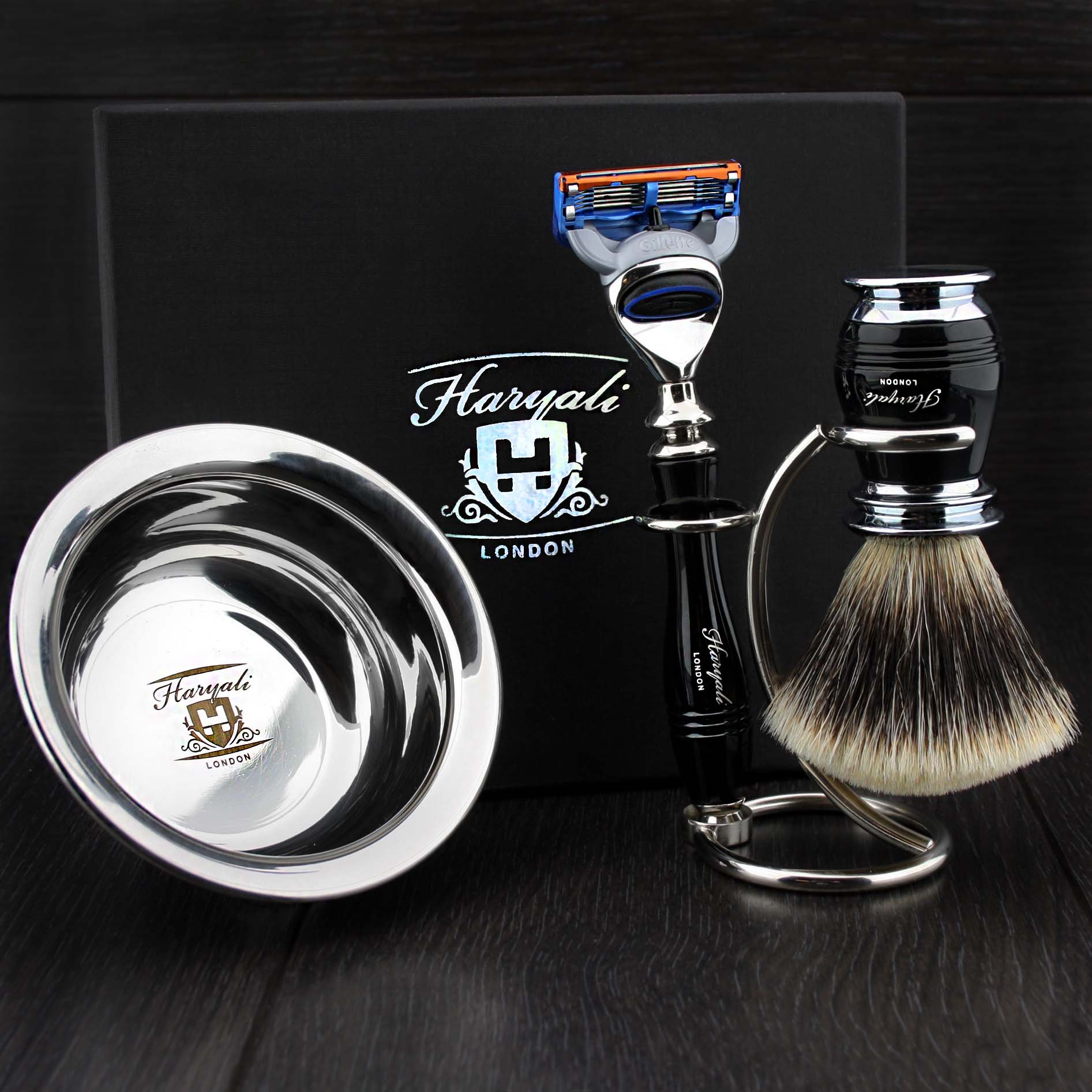 Men's Shaving Set in Black Colour Razor(Replaceable Head),Sliver Tip Badger Hair Brush, Dual Stand for Both Razor & Brush and Stainless Steel Bowl