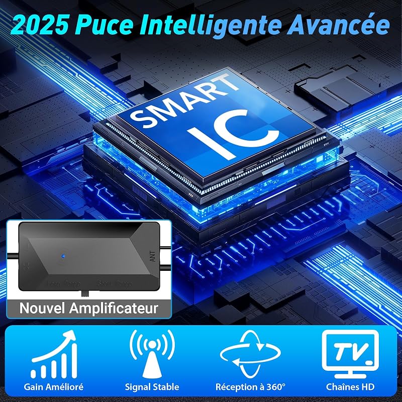 Antenne TV Intérieure Puissante avec Amplificateur de Signal à Gain Élevé - Réception 360° Longue Portée, Base Magnétique pour Fixation Facile, Compatible Téléviseurs HD/4K