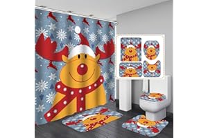 BABOIES Merry Christmas Shower Curtain Sets for Bathroom, 4Pcs Xmas Shower Curtain/Non-Slip Bathroom Rugs/Lid Toilet Cover/Bath Mat, Funny Santa Claus Elk Snowman Carpet Decor (Christmas - D)