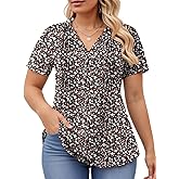 ROSRISS Plus-Size-Womens-Summer-Tops Casual Polo V Neck Work T Shirts Cute Flowy Pleated Blouses Trendy Short Sleeve Tunics