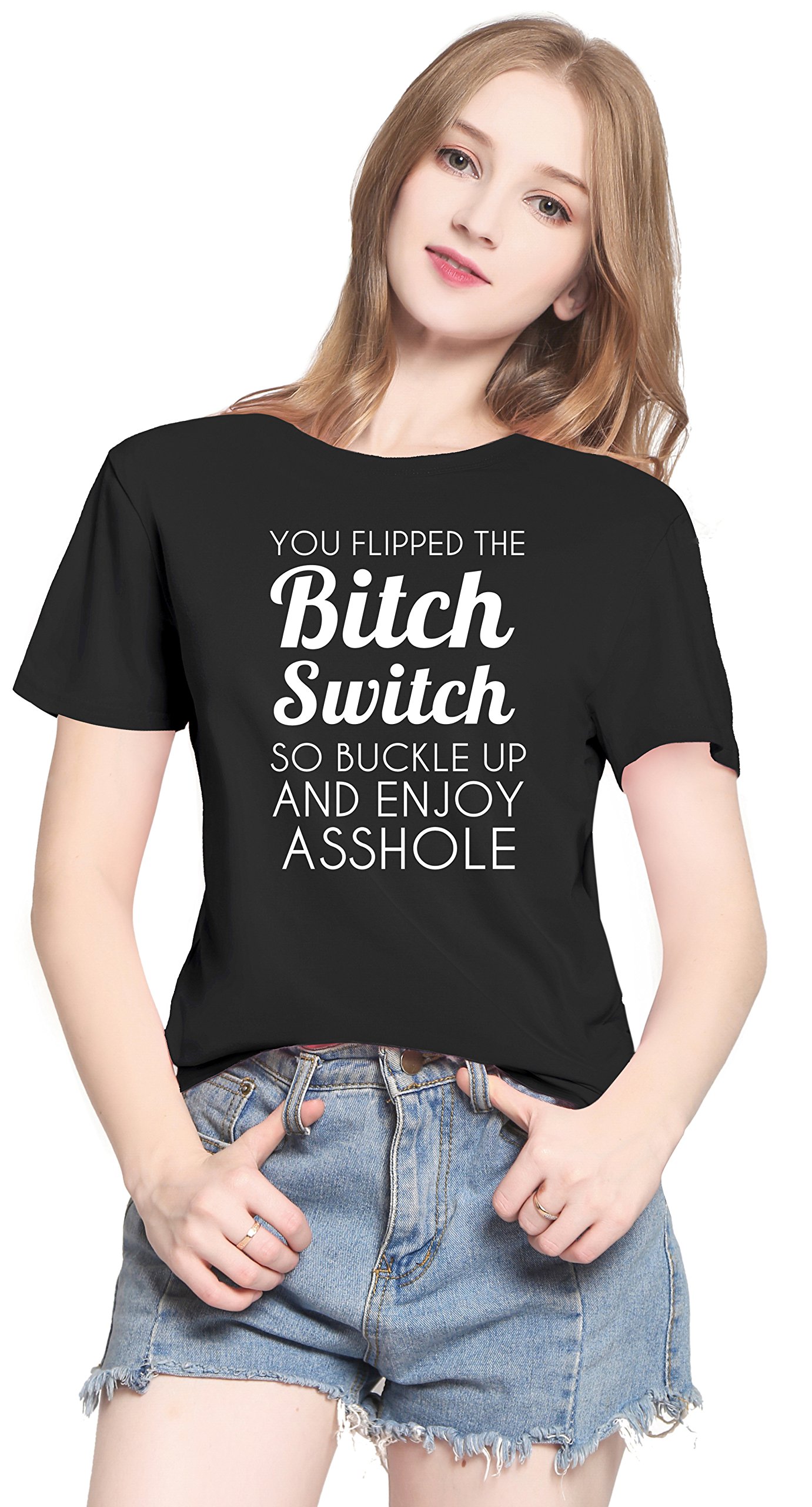 PINJIA Womens Cute Letter Printed Graphic Funny Tshirts Top Tees(MX15)(L,Black Bitch Switch)