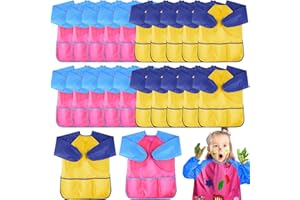 24 Pcs Kids Art Smocks Bulk, Waterproof Toddler Paint Smock, Long Sleeve Artist Painting Apron with 3 Pockets for Age 2-7