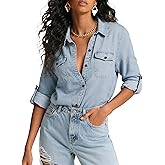 Denim Shirts Women Chambray Blouse Long Sleeve Button Down Jean Shirt Lightweight Blouses Western Work Tops with Pockets