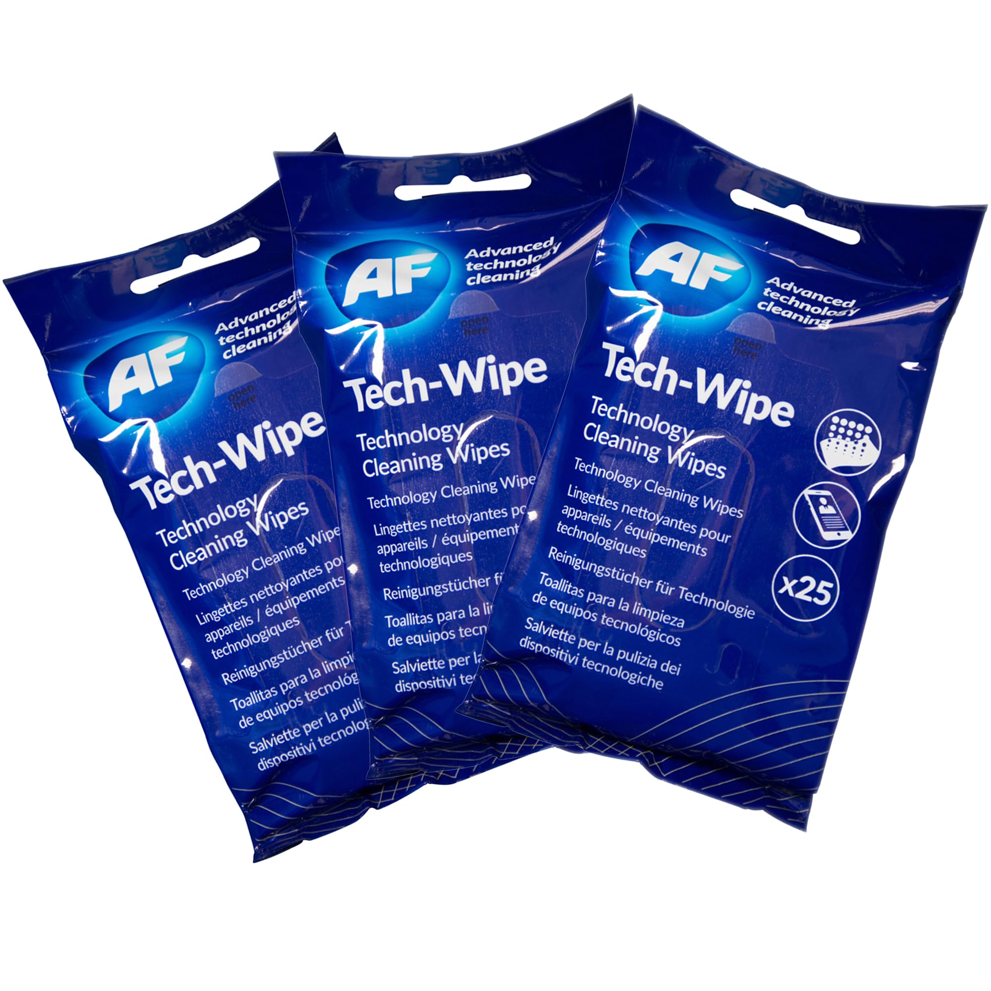 AF Tech Wipes - 3 Packs of 25 Pre Moistened Screen, Phone & Technology Cleaning Wipes MTW025P