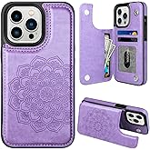 MMHUO for iPhone 14 Pro Case with Card Holder,Flower Magnetic Buttons Protective Wallet Case for Women for iPhone 14 Pro,Purple