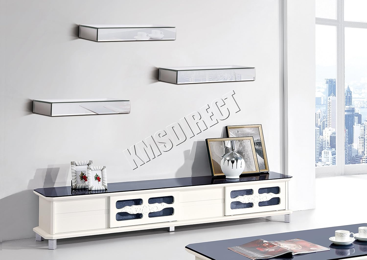 WestWood Bevelled Mirrored Furniture Glass Floating Shelves 3 Set Wall