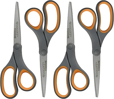 Westcott 8-Inch Titanium Bonded Straight Scissors, Soft Handle, Gray/Yellow, 4-Pack