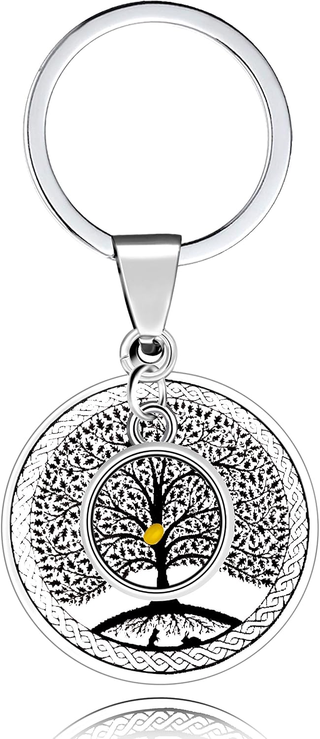 Family Reunion Gifts - Stainless Steel Vintage Black Tree of Life Keychain, Mustard Seed Round Pendant Christian Keyring ZY018