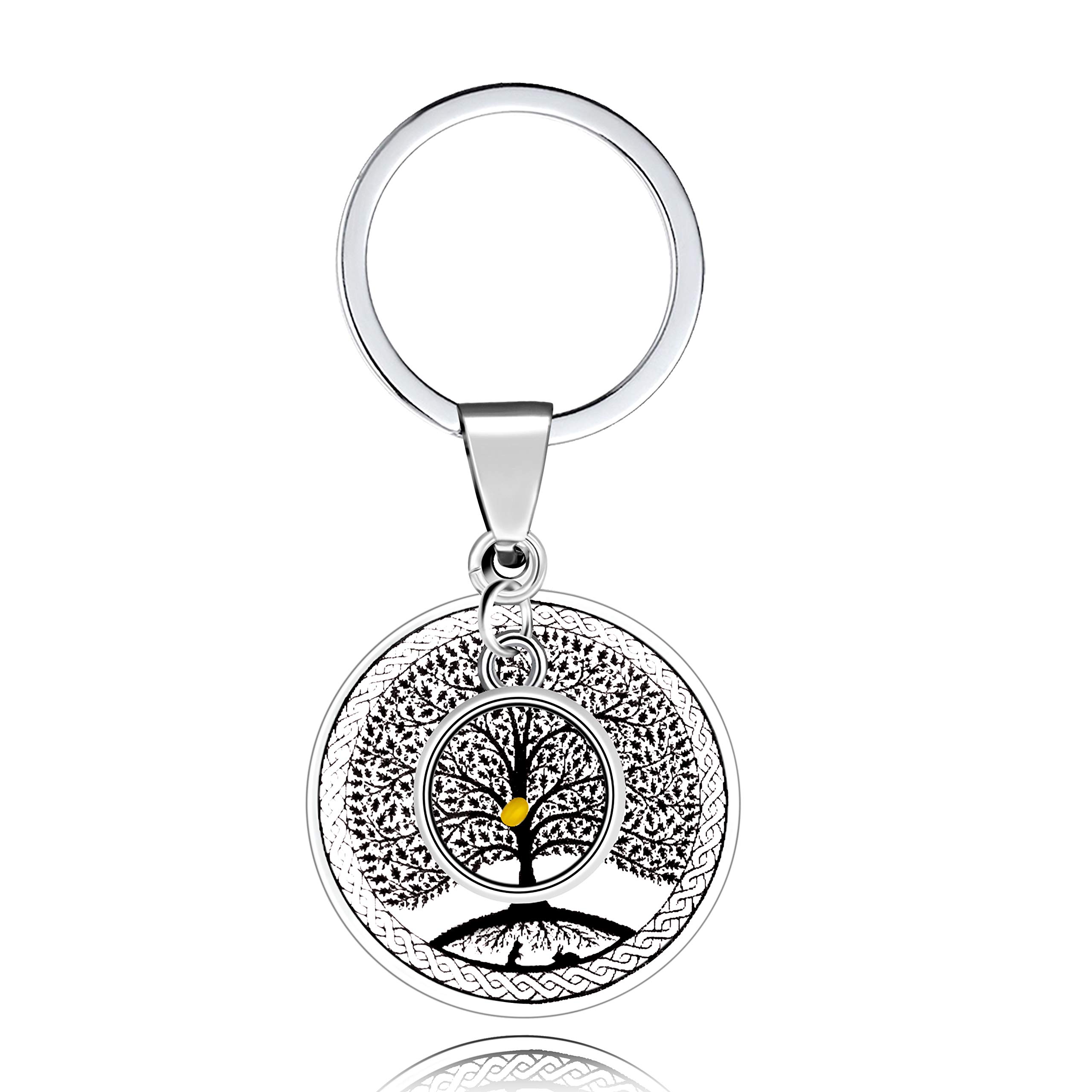 Family Reunion Gifts - Stainless Steel Vintage Black Tree of Life Keychain, Mustard Seed Round Pendant Christian Keyring ZY018