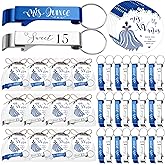 Dandat 50 Sets Quinceanera Party Favors for Guests Sweet 15 Bottle Opener Keychain with Thank You Cards Organza Bags Rope Quinceanera Gift for 15th Birthday Party Favor Guests(Blue,Silver)