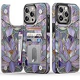 FUNMIKO for iPhone 15 Pro Max Wallet Case with Card Holder, RFID-Blocking, Military-Grade Protection & UV-Printed Artwork, Magnetic Closure with Leather Kickstand - Dreamy Lotus