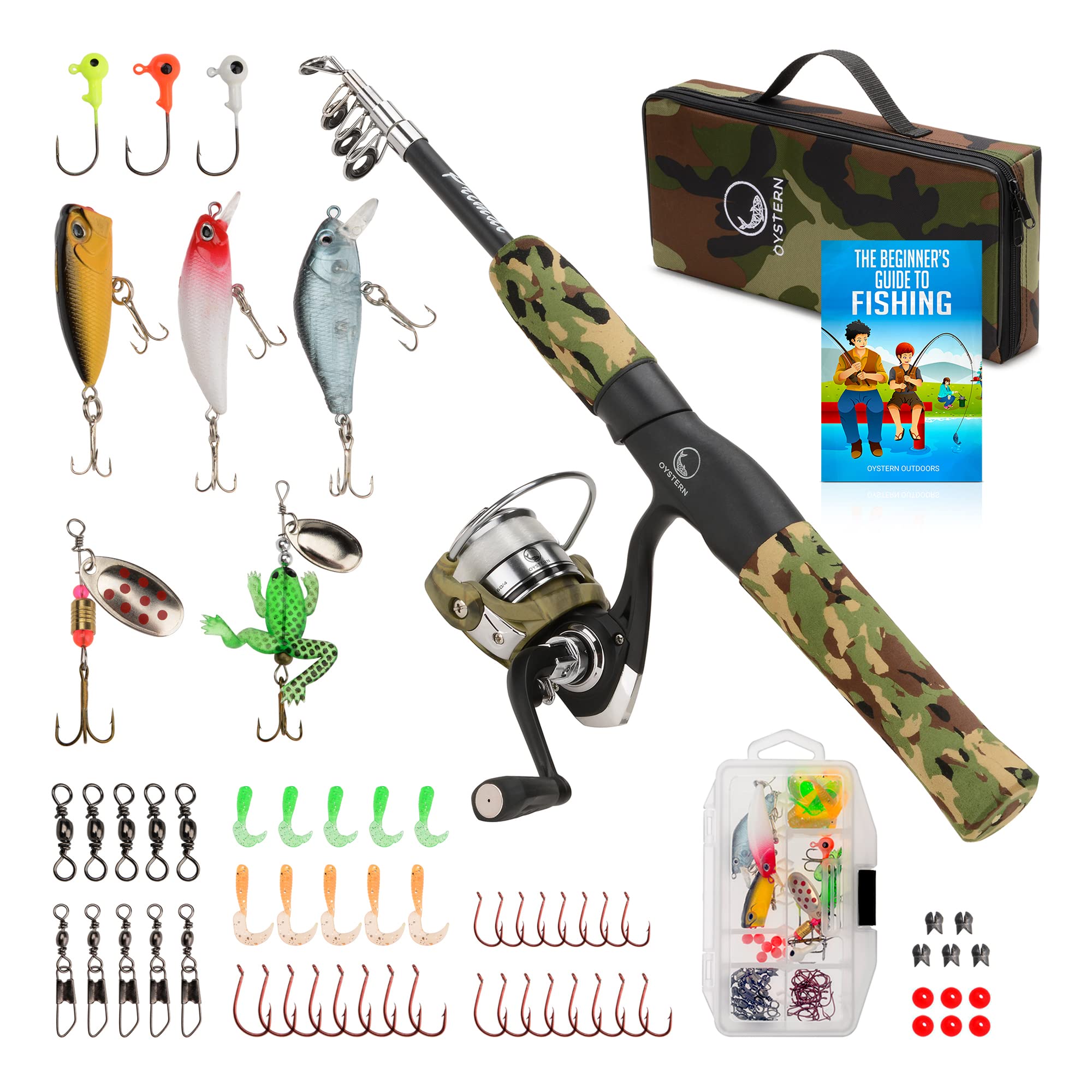 Oystern Kid’s Fishing Rod Kit with Spinning Reel - 62 Piece Tackle Bag, 4lb Line - Including Beginner’s Guide eBook - Toddler Fishing Pole Combo - Youth Telescopic Portable Rod - Kids Fishing Gear