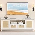 GAOMON Rattan TV Stand, Boho Entertainment Center for 65 Inch TV, TV Console with 2 Cabinets & Adjustable Shelf, Modern TV Stand with Storage, Media Console Cabinet for Living, Bedroom,White