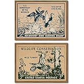 Vintage Wildlife Wall Art Set of 2, Hunter Hunting Stamp Wall Decor Paintings, Retro Rustic Bird Canvas Prints Artwork Picture Aesthetic for Living Room Bedroom Office 12x16 Inch Framed