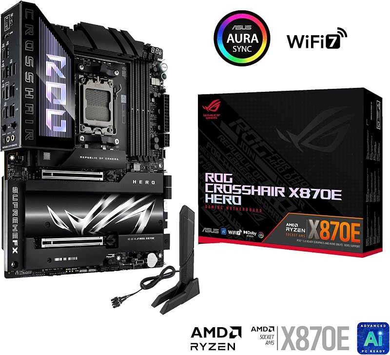 ROG Crosshair X870E Hero - Placa Base AMD ATX, 18+2+2 etapas de Potencia, DDR5, PCIe 5.0 Compatible con GPU de última generación, Cinco M.2, Wi-Fi 7, USB4, AI Overclocking