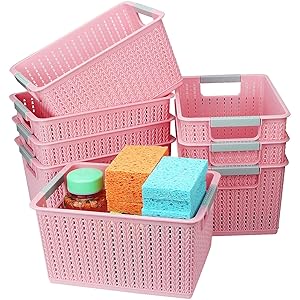 8Pack Plastic Storage Basket Pink, Desktop Weave Baskets with Handle, Portable Bathroom Open Storage Bin, Small Plastic Containers Shelf Brackets for Shelves Countertop Kitchen Cabinet Office
