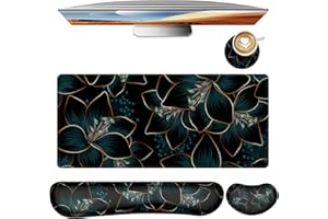 JINAPLY Keyboard Mouse Pad Set,Large Gaming Mouse Pad+Keyboard Wrist Rest+Wrist Rest+Coaster,Computer Desk pad Set Wrist Support for Office Desktop Laptop. (35.4" x 15.7") Extended Desk Mat (Floral)