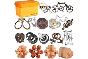 KAKEDUJA Metal Brain Teaser Puzzles Disentanglement Puzzles Metal Wooden Brain Teaser Puzzle 16pcs Logic Metal Puzzle for Adult Kid Toy Lock Puzzles Gift for Adults Teenagers Kids