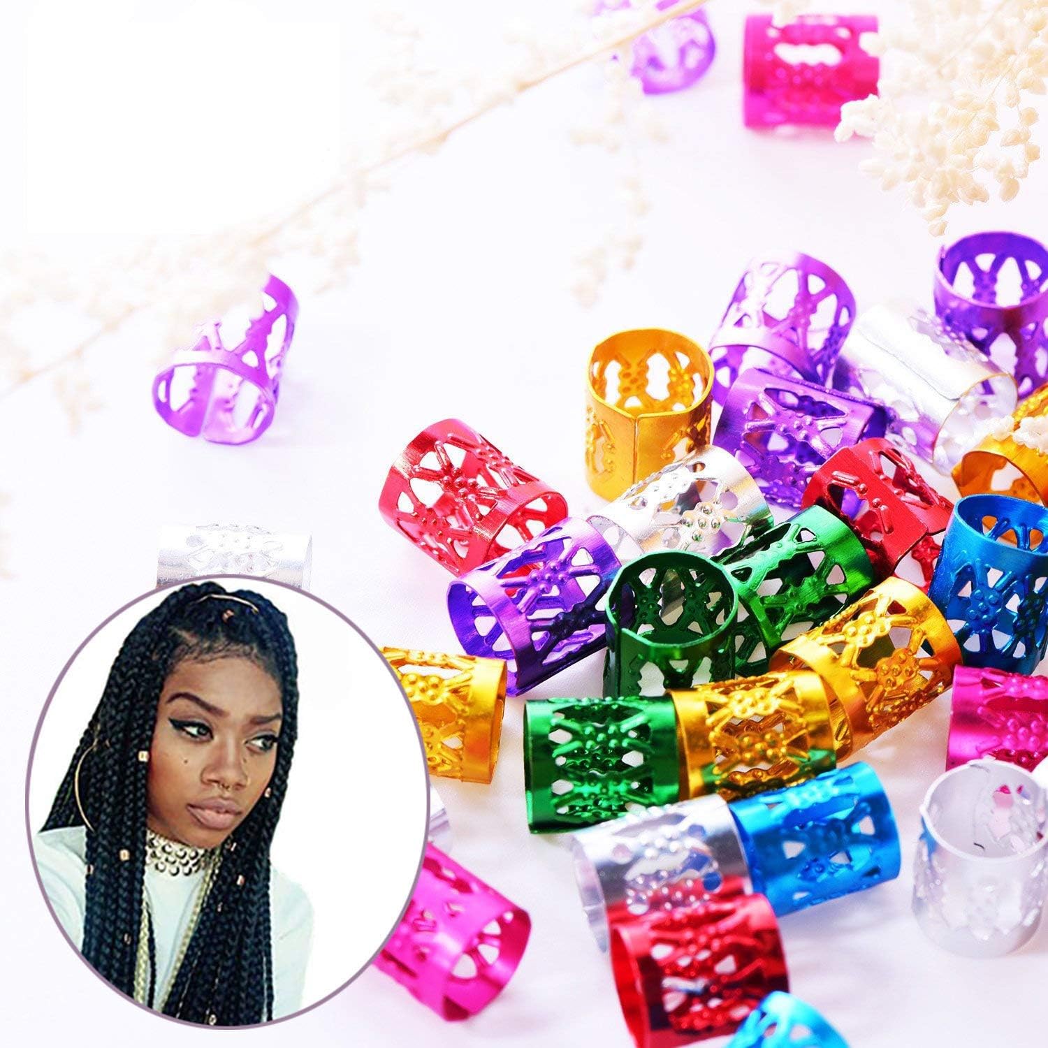 VinBee140 Pieces Dreadlocks Metal Hair Cuffs Hair Braiding Beads Filigree Hair Accessory, Assorted Colors