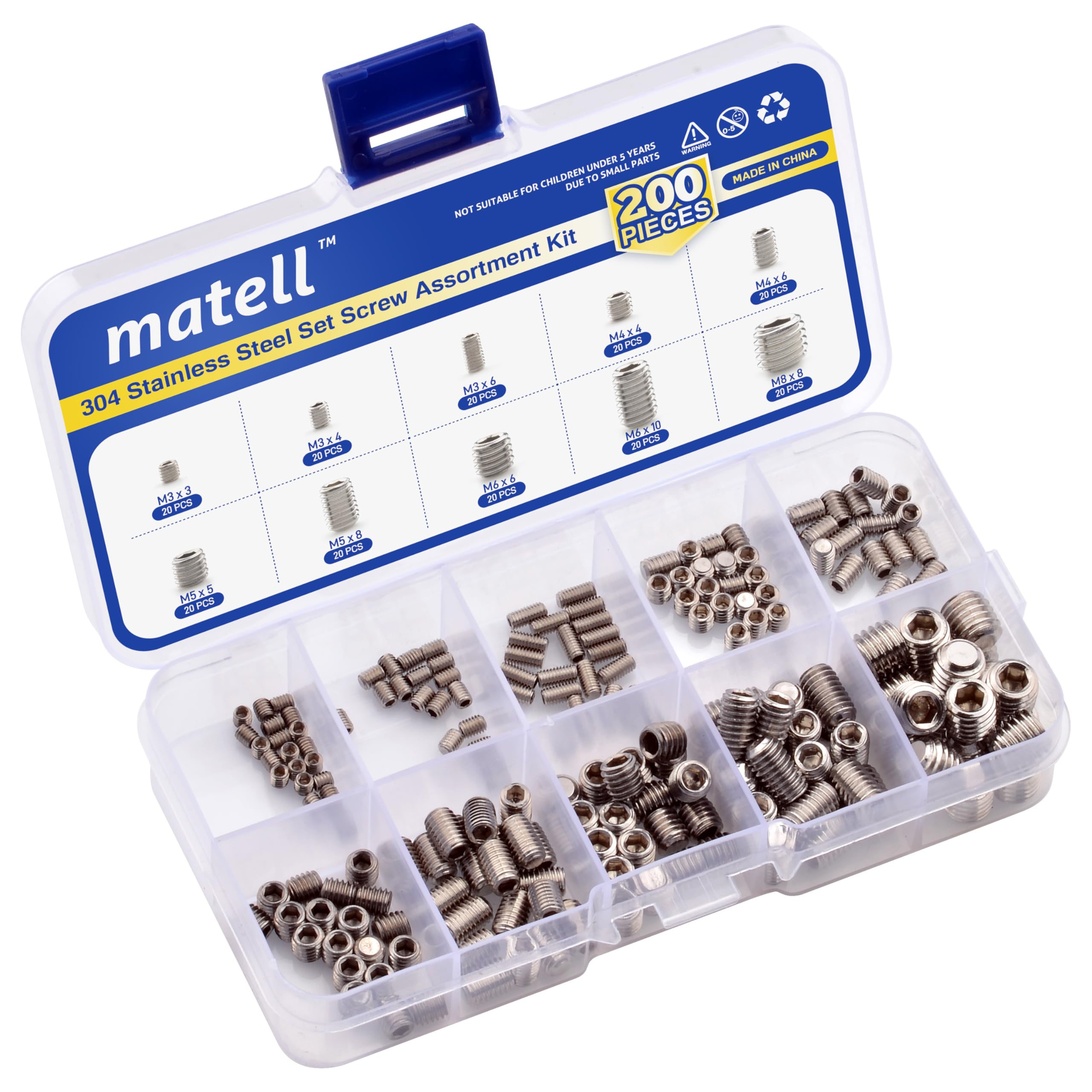 Photo 1 of 200Pcs Set Screw Assortment Kit, Stainless Steel Hex Allen Head Socket Grub Screw, Stainless Steel Set Screws for Bathroom Fixtures, Door Handles(Size Included: M3 M4 M5 M6 M8)