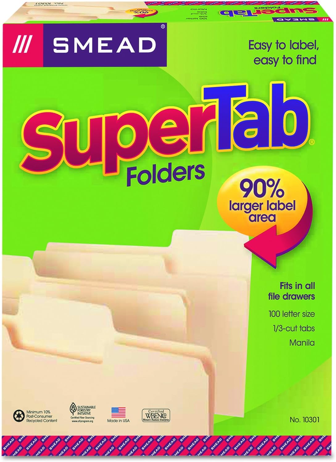 Smead SuperTab File Folder, Oversized 1/3-Cut Tab, Letter Size, Manila, 100 Per Box (10301) : Manila File Folders : Office Products