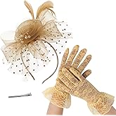 Framendino, 2 Pack Women Fascinator Hat and Lace Gloves with Headband Clip for Wedding Tea Party Feast Banquet (Khaki)