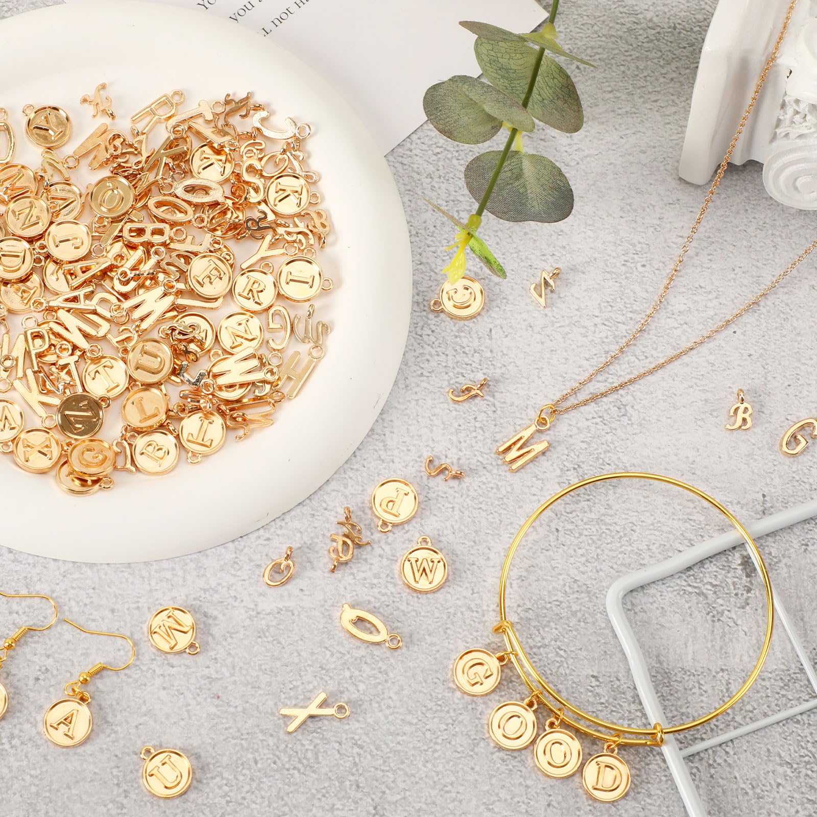 SANNIX Letter Charms, 156Pcs/6 Sets Alphabet ABC Letter Charms 3 Styles Capital A-Z Charms DIY Bracelet Necklace Pendants with 200Pcs Open Jump Rings for Jewelry Making, KC Gold