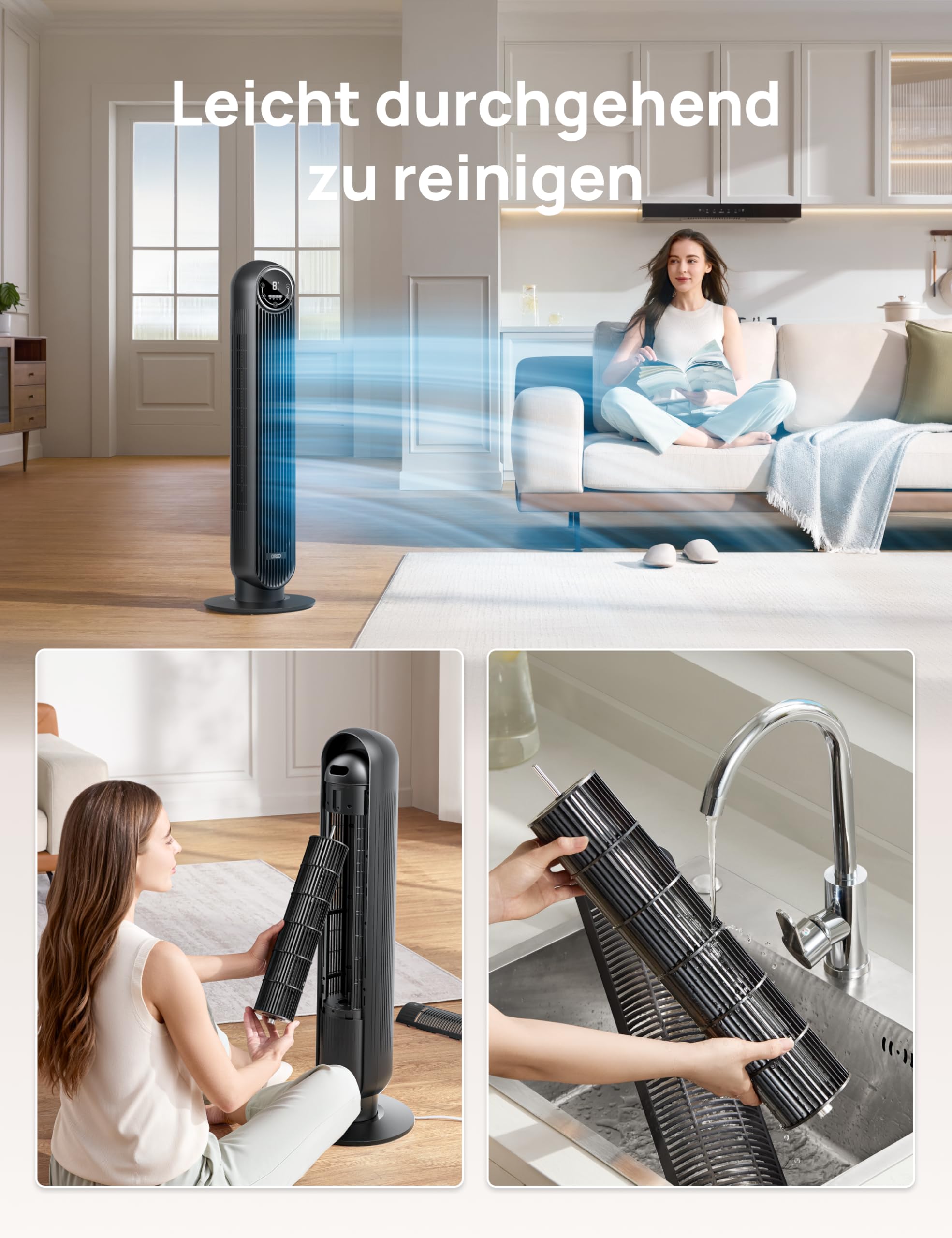 DREO Leiser Turmventilator, 10 m Wurfweite 4 Geschwindigstufen 4 Modi 8 Std. Timer 90° oszillierende Ventilator mit Kühlung Fernbedienung für Schlafzimmer,Turmventilator 307, Schwarz 8