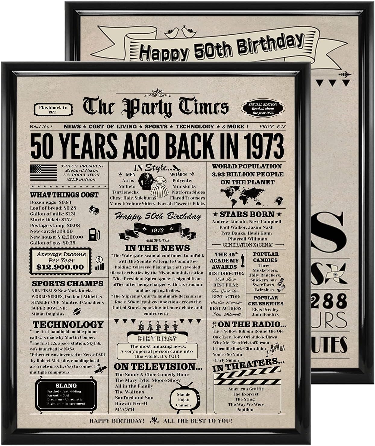 Wall Décor - 50th Birthday Decorations Women and Men, 2 Pieces Vintage 50th Birthday Posters, Back in 1973 Birthday Party Supplies, 50th Birthday Gifts for Wife and Husband, 8x10 Inch