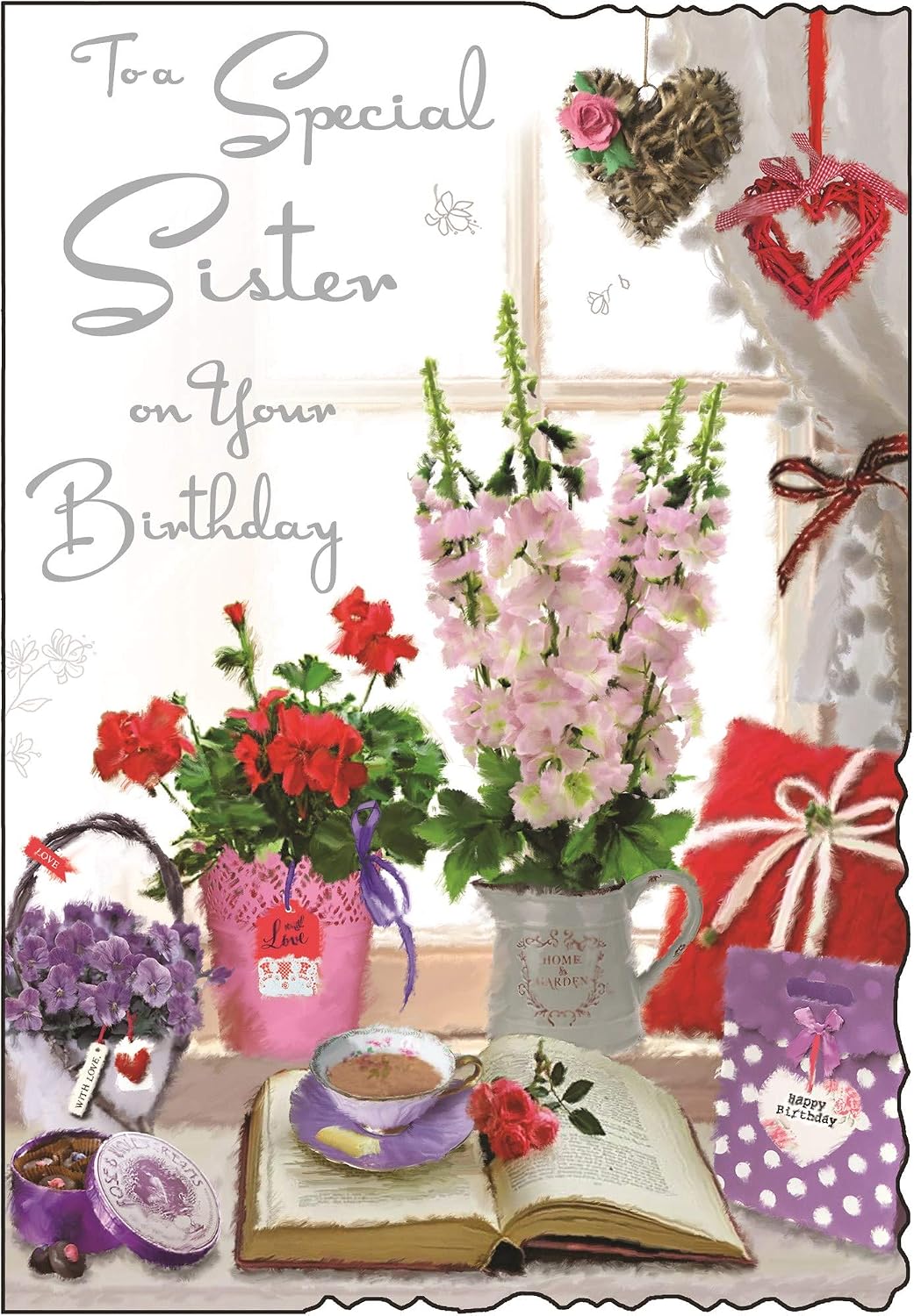Jonny Javelin to A Special Sister On Your Birthday Card - Flowers in Window, brown, 15.7 cm x 23.5 cm
