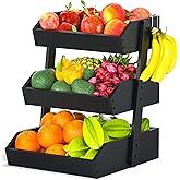 Gmtsl Bamboo Fruit Basket for Kitchen – 3 Tier Fruit Bowl For Kitchen Counter, Large Fruit Holder With 2 Banana Hangers, Idea For Fruit and Vegetable Storage, Bread Basket, Snack Organizer(BLACK)