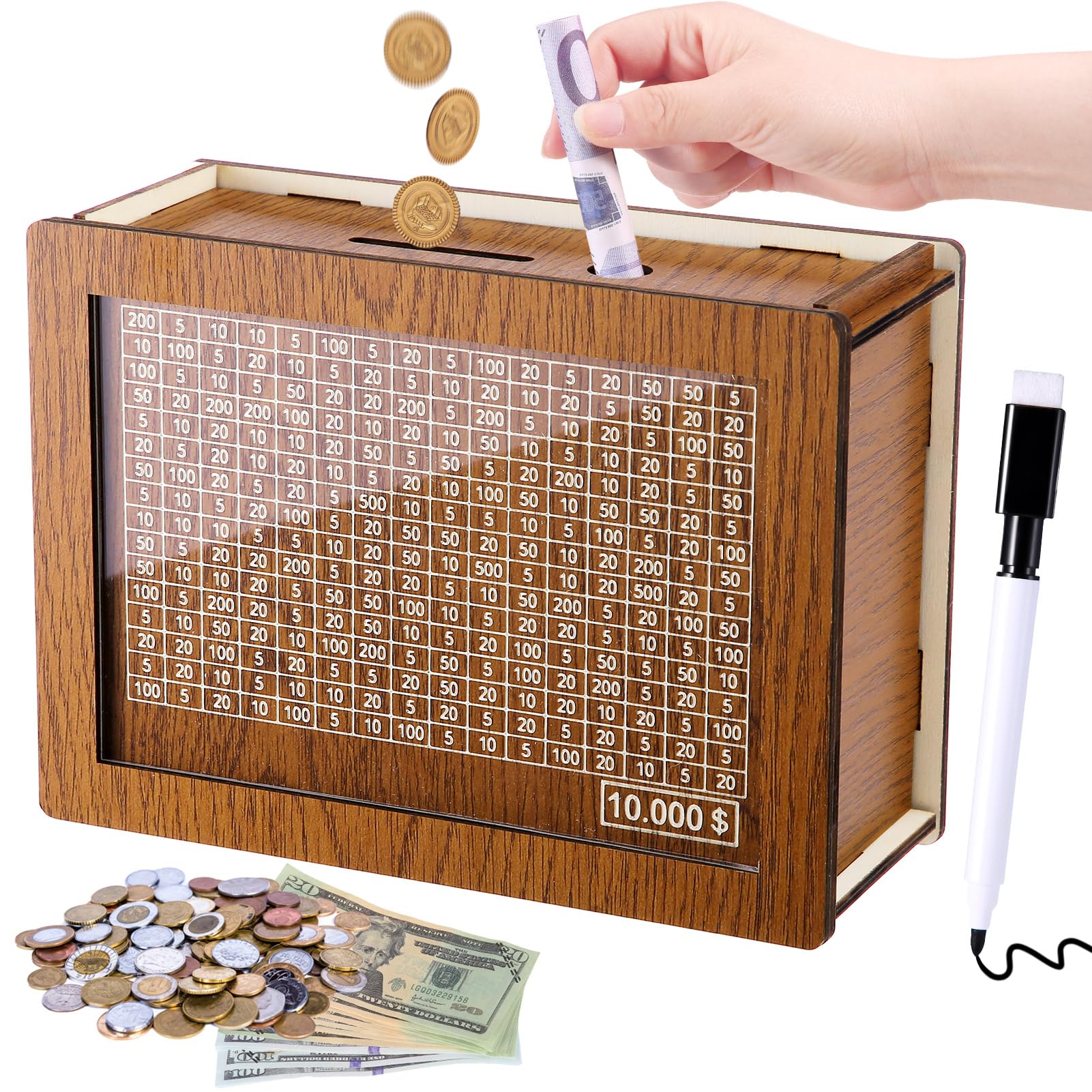 Photo 1 of Cash Vault Wooden Savings Box, Wooden Cash Saver Money Box, Cash Coin Retro Money Savings Box with Counter, Saving Challenge Box 10,000, Money Box for Kids Adults (Lightbrown)