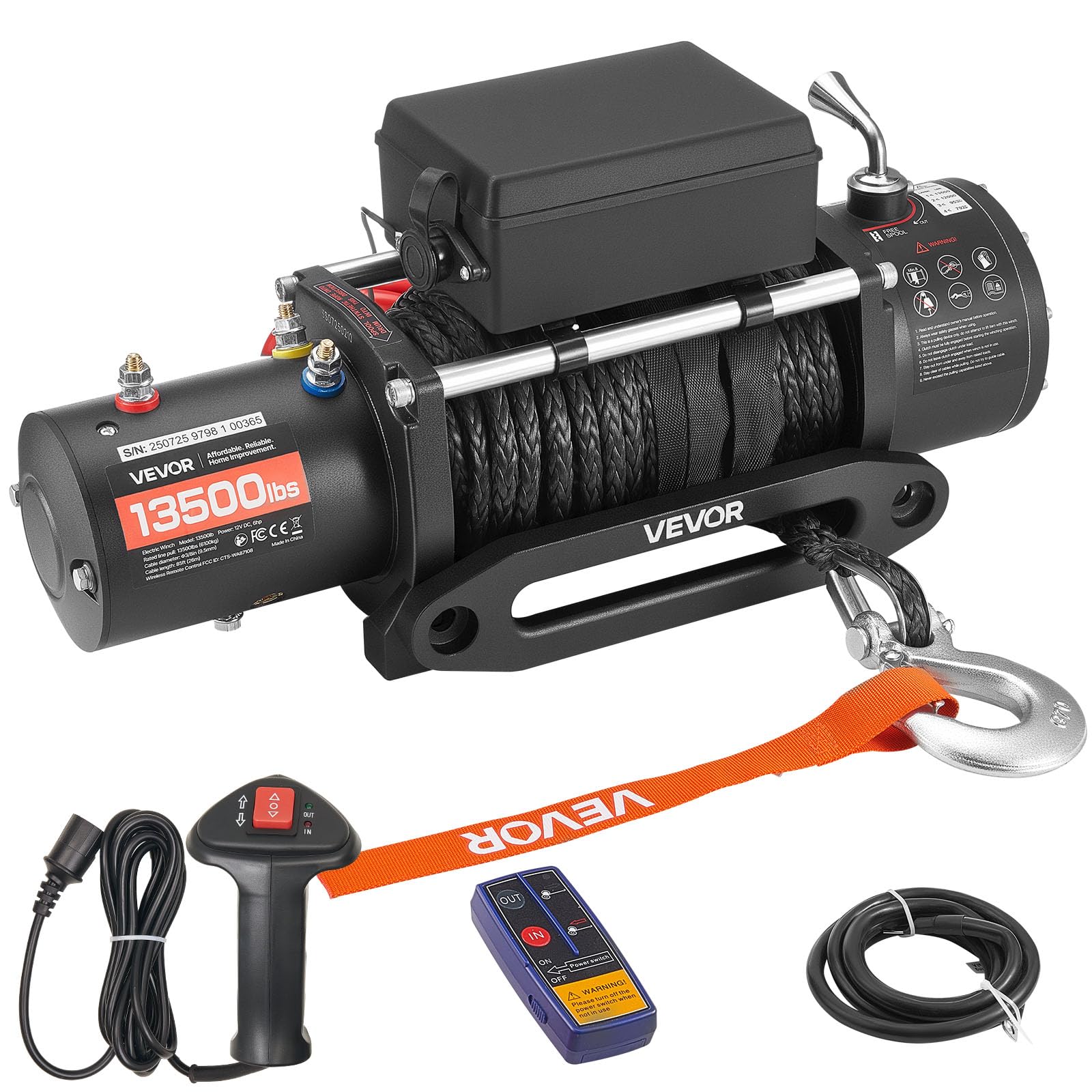 Photo 1 of ***MISSING REMOTE** VEVOR Electric Winch, 13500 lbs Load Capacity, 12V DC Truck Winch with ?3/8 in x 85 ft Synthetic Rope, Wireless & Wired Remote Control, IP55 Waterproof for Towing Off-Road SUV Jeep Trailer Boat