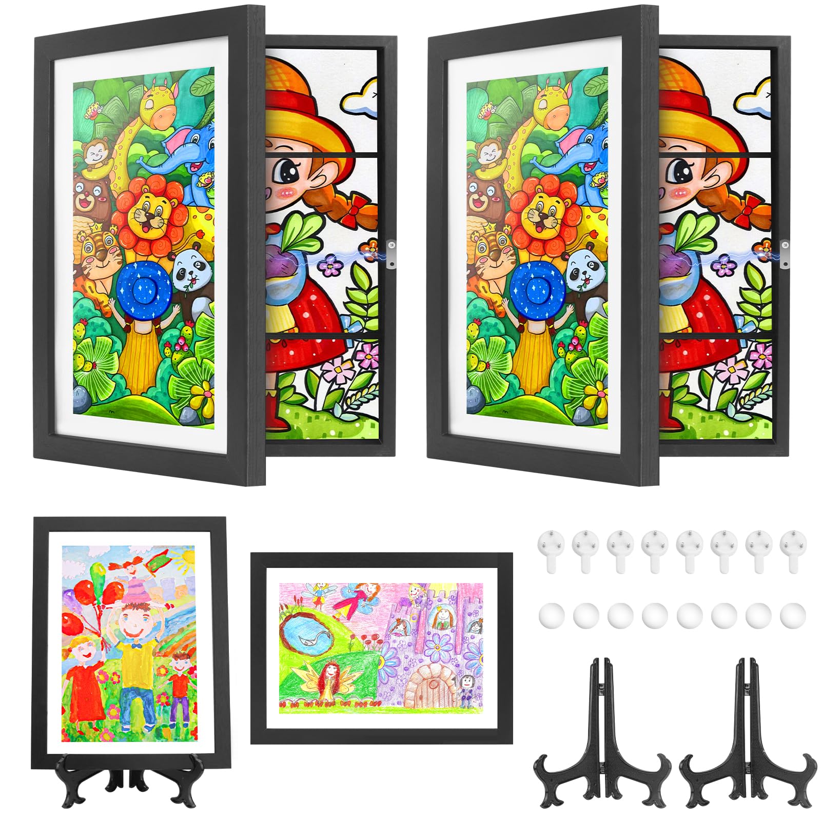 SelfTek Artwork Display Frame, 2 Pack Art Frames Front Opening A4 Wooden Storage Picture Frame with Stand for 150+ Pictures s Artwork Display, Black