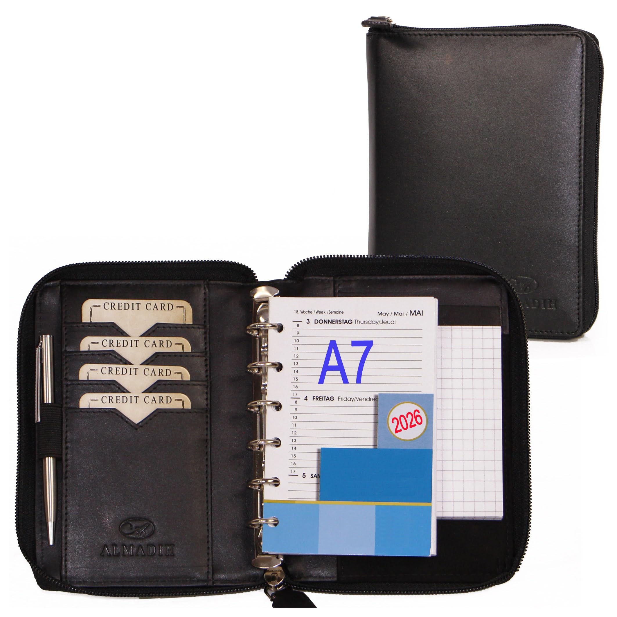 ALMADIH Leather A7 Organizer with Rings & Zipper, Calendar 2025 - Writing Pad Premium Cow Leather black - Personal Planner Conference Folder System Ring Binder Portfolio Folio Workbook Datebook