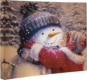 Clever Creations Snowman Kiss Canvas Wall Hanging Little Girl Kissing Snowman Christmas Image | Bright LEDs | Holiday Décor | Attached Hanging Mount | Measures 16” x 12” | Battery Powered